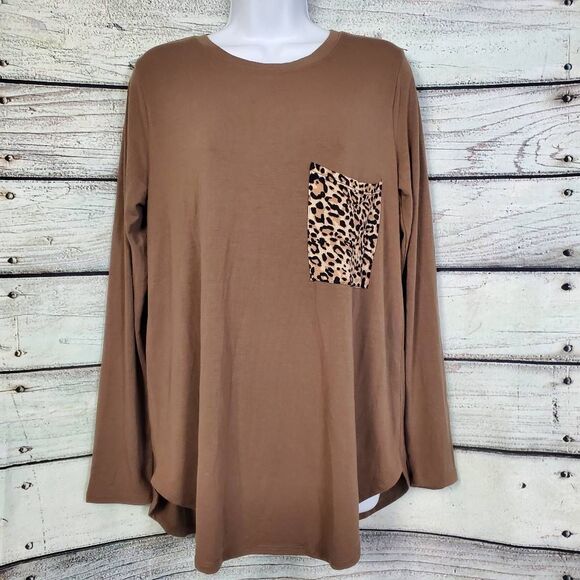 Zenana Long Sleeve Top L Brown Leopard Print Pocket Stretchy Tunic Shirt - Picture 1 of 6